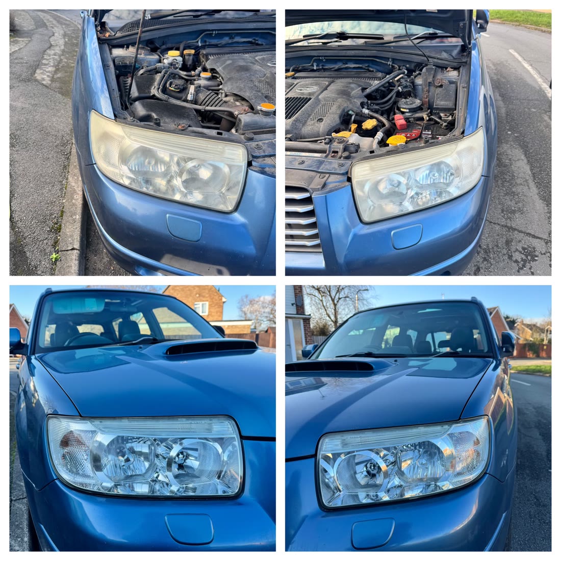 Subaru headlights before (top, yellowed) and after restoration (bottom, clear)